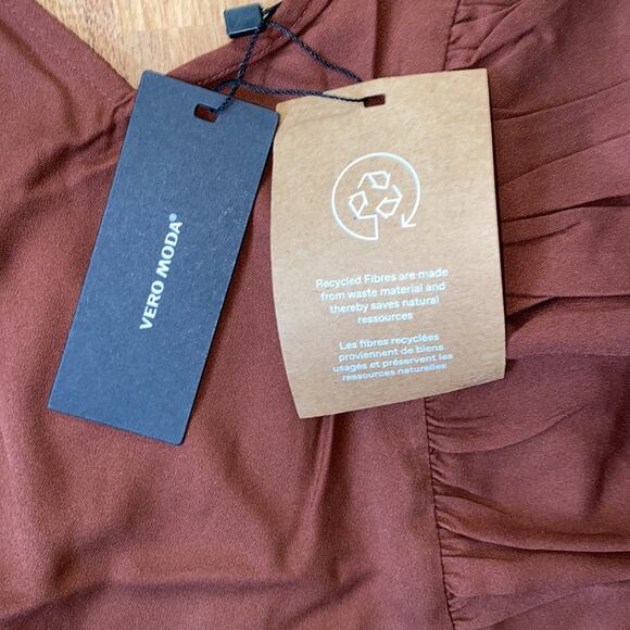 Vero Moda Odette Brown Ruffle Calf Dress NWT Sz M Women’s Polyester Tie Back - Picture 10 of 15